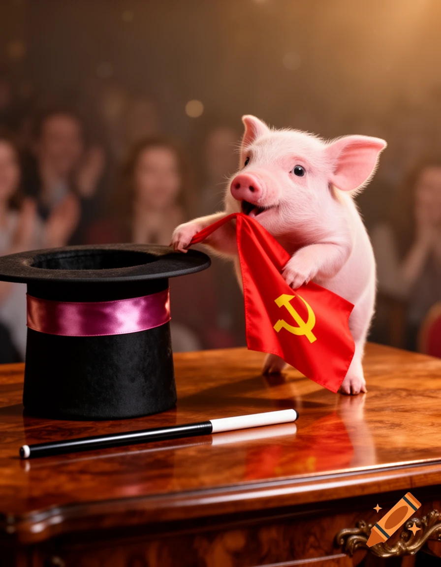 A cute pink piglet pulls a red flag with a yellow hammer and sickle symbol from a black magician's hat on a wooden table.