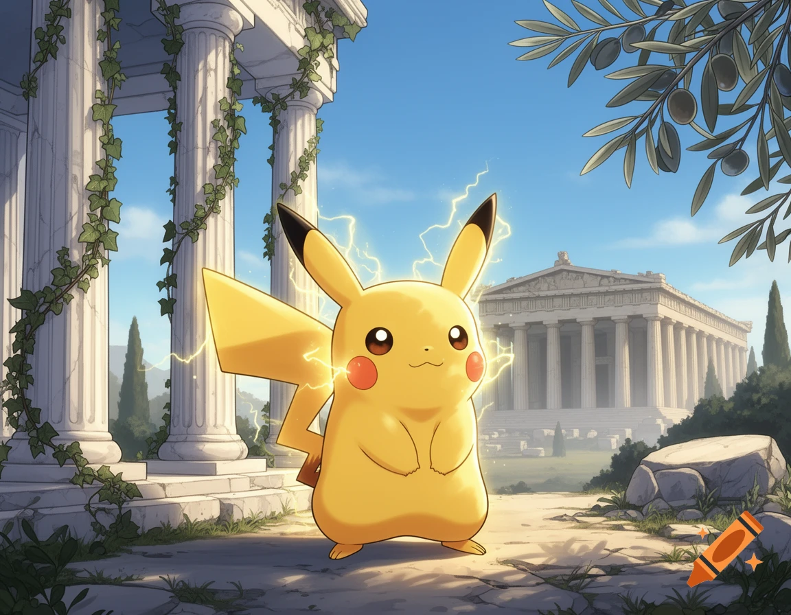 A yellow Pikachu with electric sparks stands among ancient Greek ruins under a blue sky, with an olive tree branch overhead.
