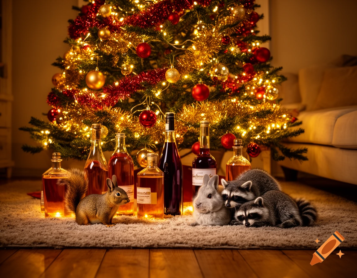 A squirrel, rabbit, and raccoons gather around bottles near a brightly lit Christmas tree on a rug.