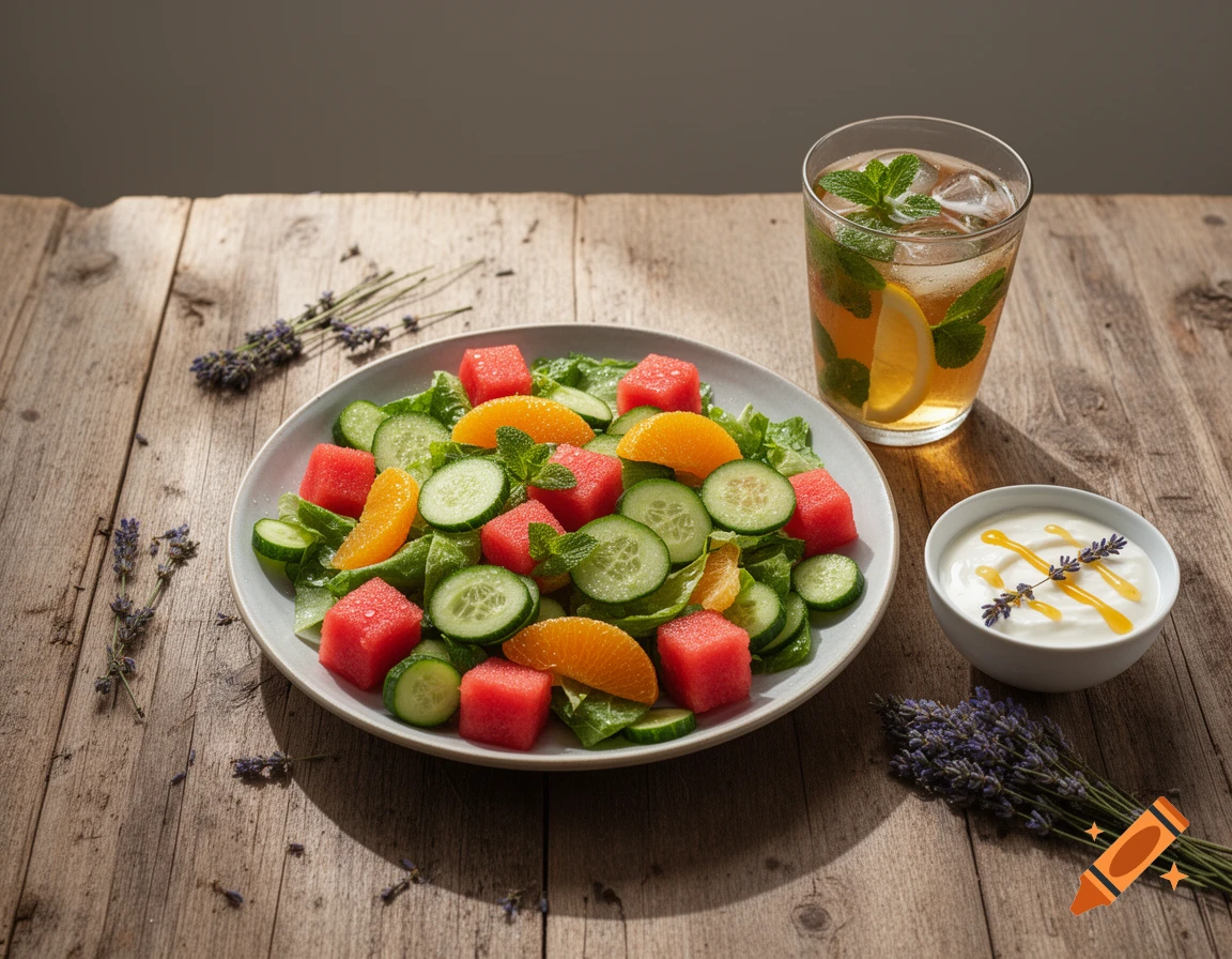 A fresh salad with watermelon, cucumber, and orange slices, an iced tea, and yogurt with honey on a wooden table.
