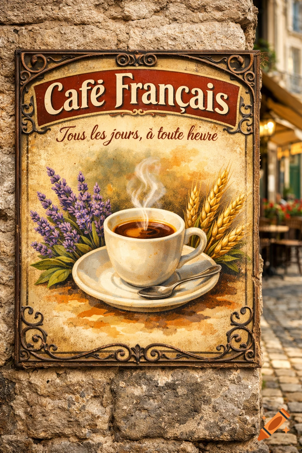 A vintage-style French cafe sign featuring a steaming coffee cup, lavender, and wheat, set against a stone wall.