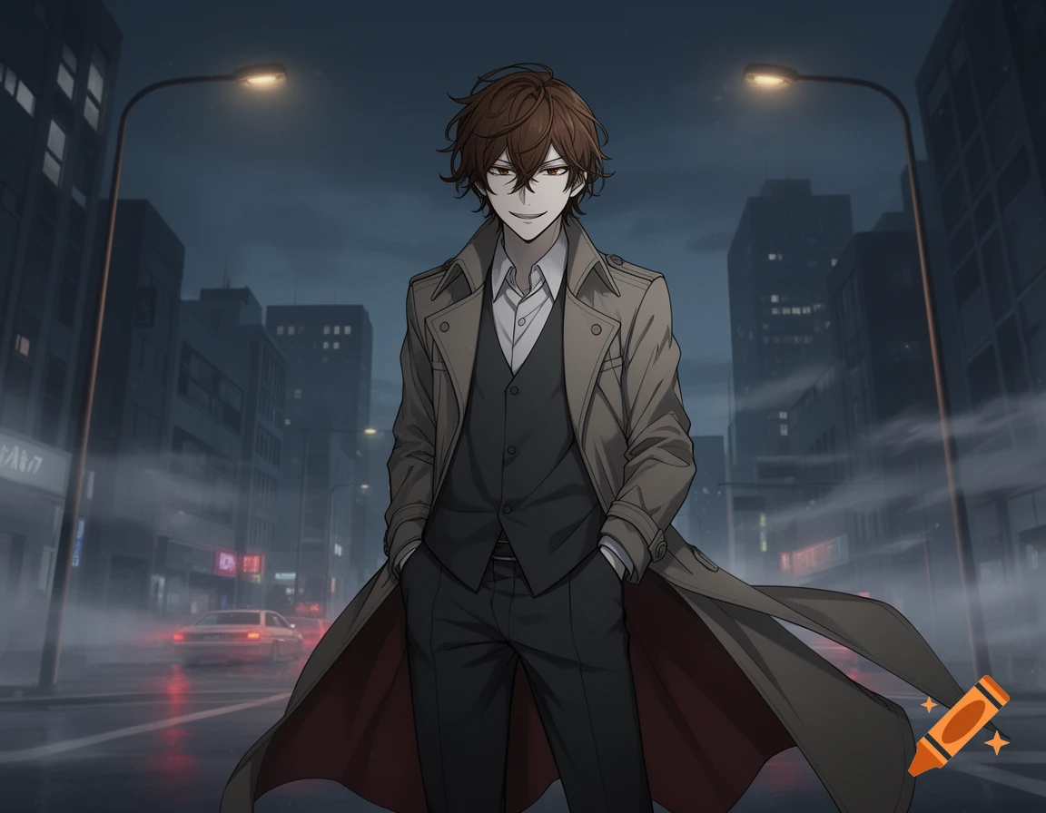 Anime-style man with brown hair and a trench coat stands in a foggy city street at night, smirking at the viewer.