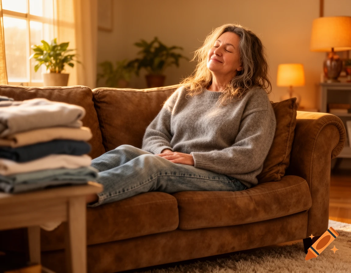 Smiling older woman relaxing on a brown sofa in a sunlit living room, with folded clothes on a table.