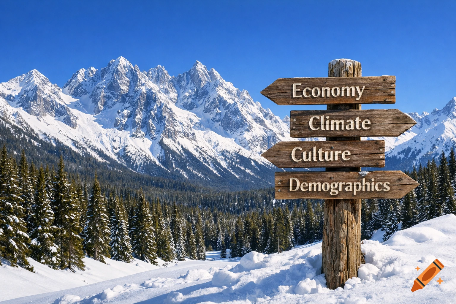 A photorealistic landscape of snow-capped mountains and evergreen forests with a wooden signpost pointing to "Economy, Climate, Culture, Demographics".