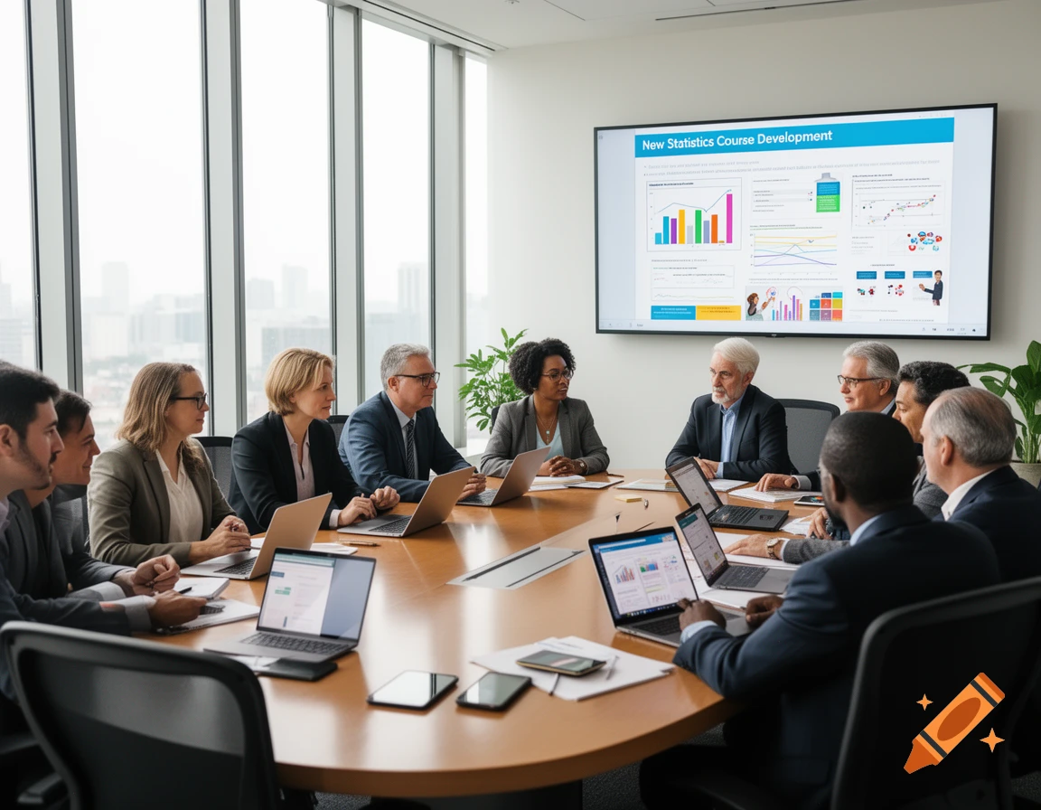 Professionals attend a business meeting in a modern conference room with a large screen displaying presentation slides.
