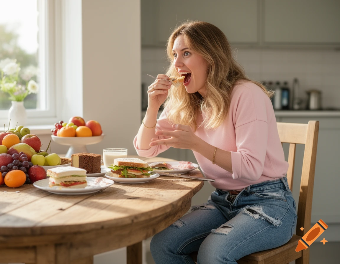 A woman in a pink top and ripped jeans eats enthusiastically at a wooden table laden with fruits, sandwiches, cake, and milk in a bright kitchen, with her pants unbuttoned.