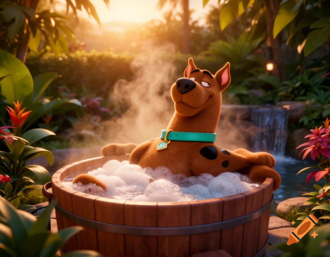 CGI animation of Scooby-Doo relaxing in a bubbly hot tub amidst lush tropical plants and golden sunlight.