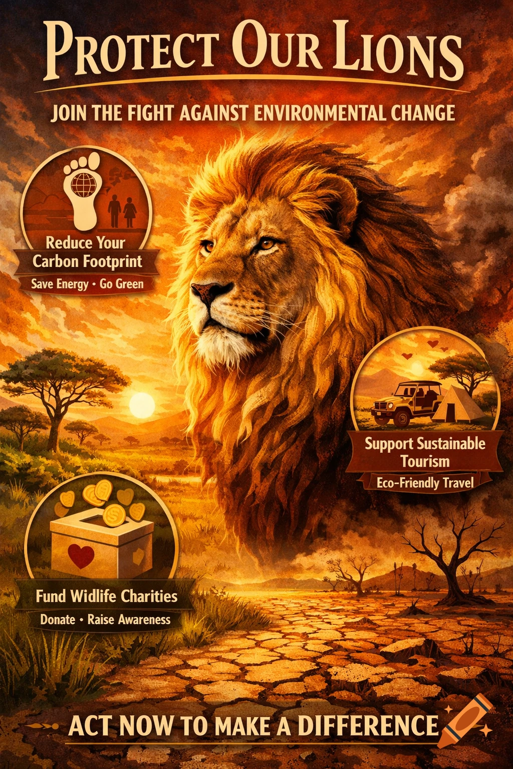 A vibrant poster with a majestic lion, parched landscape, and text encouraging environmental action and wildlife support.