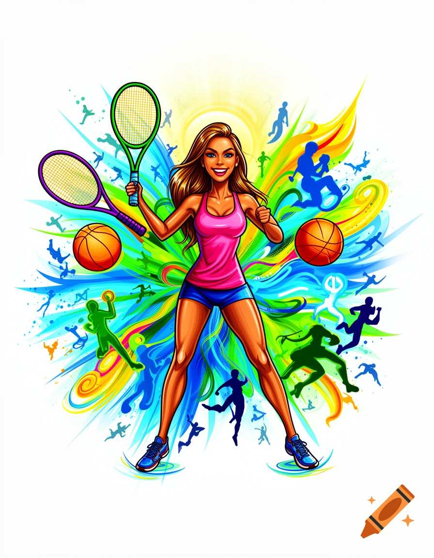 Vibrant clipart of a smiling athletic woman holding two tennis rackets, surrounded by colorful sports silhouettes and basketballs.