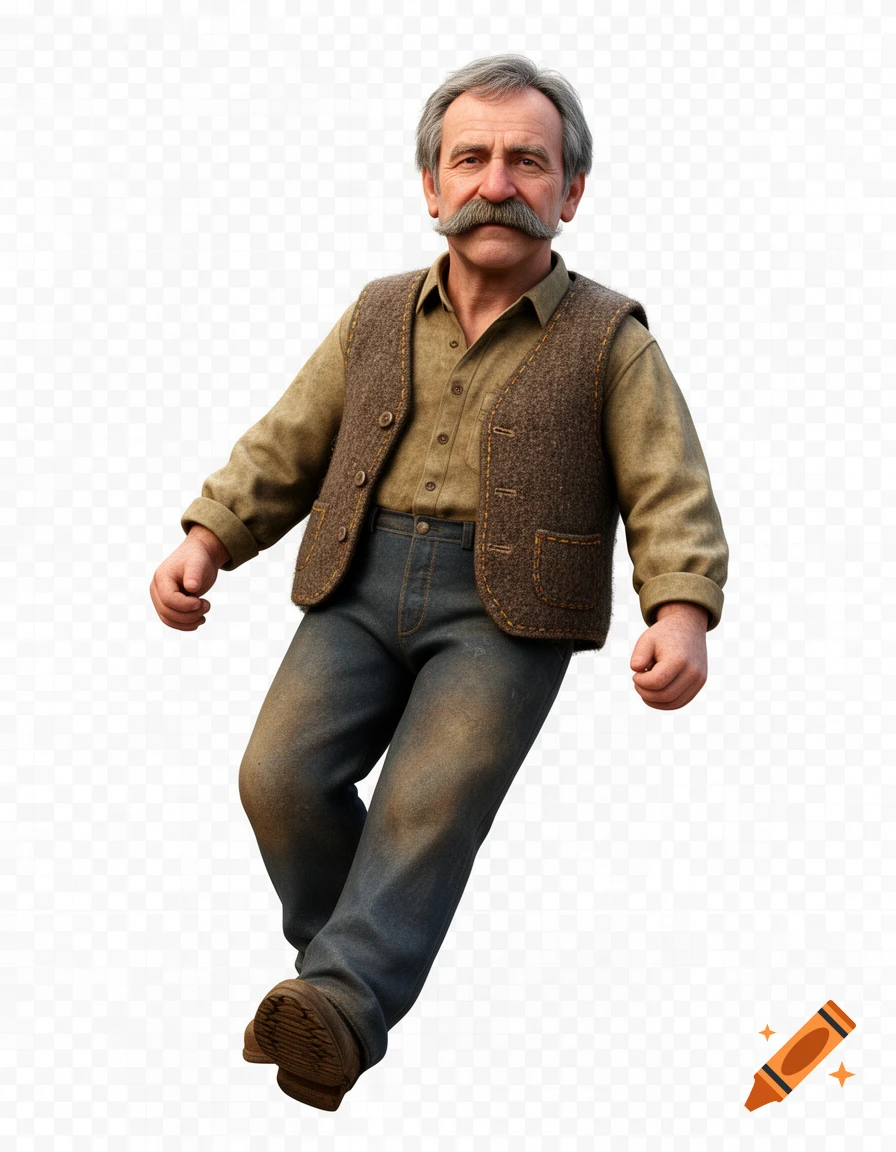A realistic 3D render of an older man with a mustache, wearing a vest and jeans, floating against a transparent background.