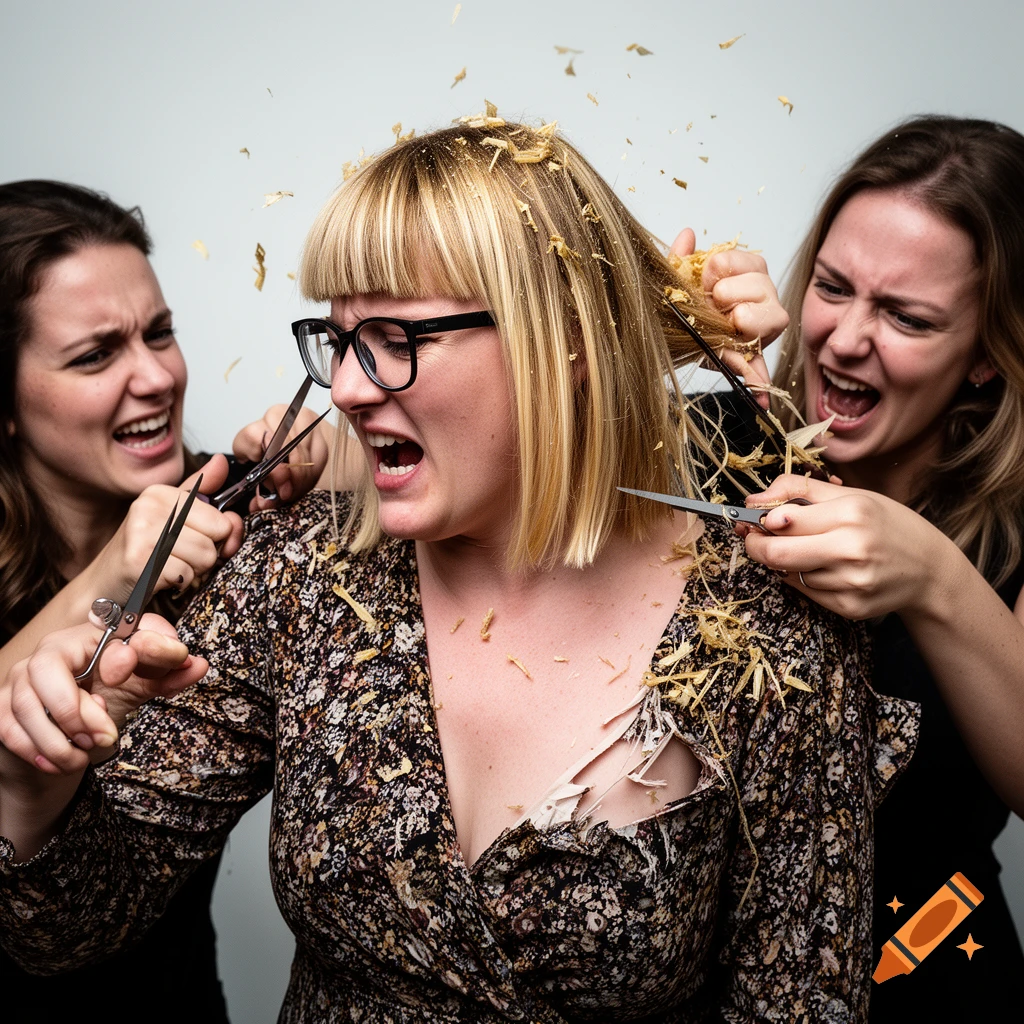 Three women in a chaotic scene; two women aggressively cut a third woman's blonde hair with scissors, while wood shavings fly, and her floral dress is torn. All women are grimacing fiercely.