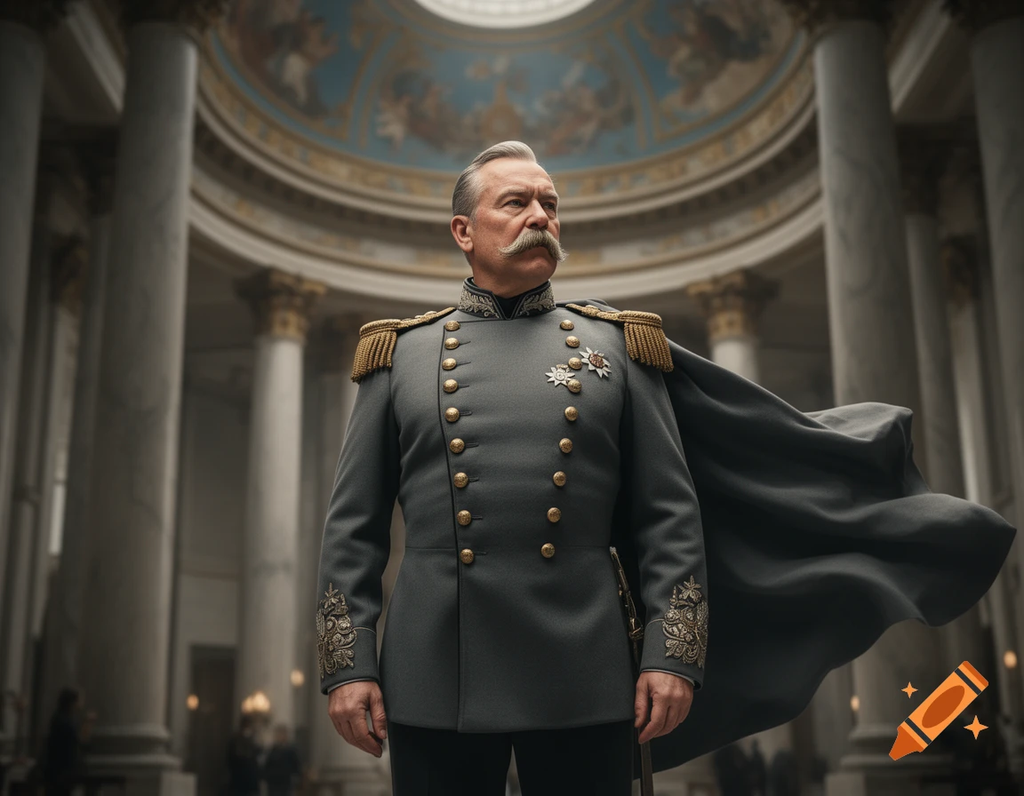 Photorealistic portrait of a man with a mustache in a grey military uniform and cape, standing in a grand hall with classical columns.