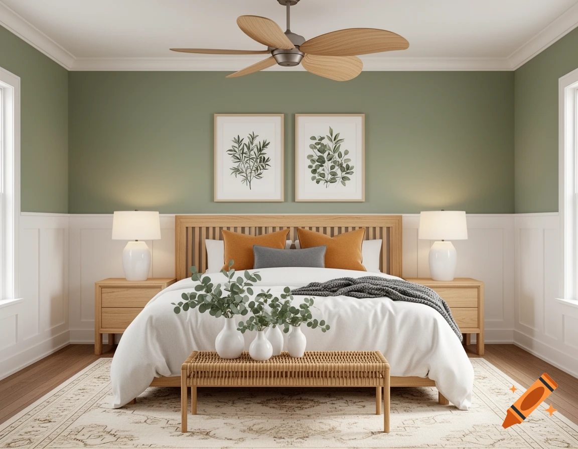 Photorealistic master bedroom with sage green walls, white wainscoting, wooden bed, ceiling fan, botanical prints, and a rattan bench.