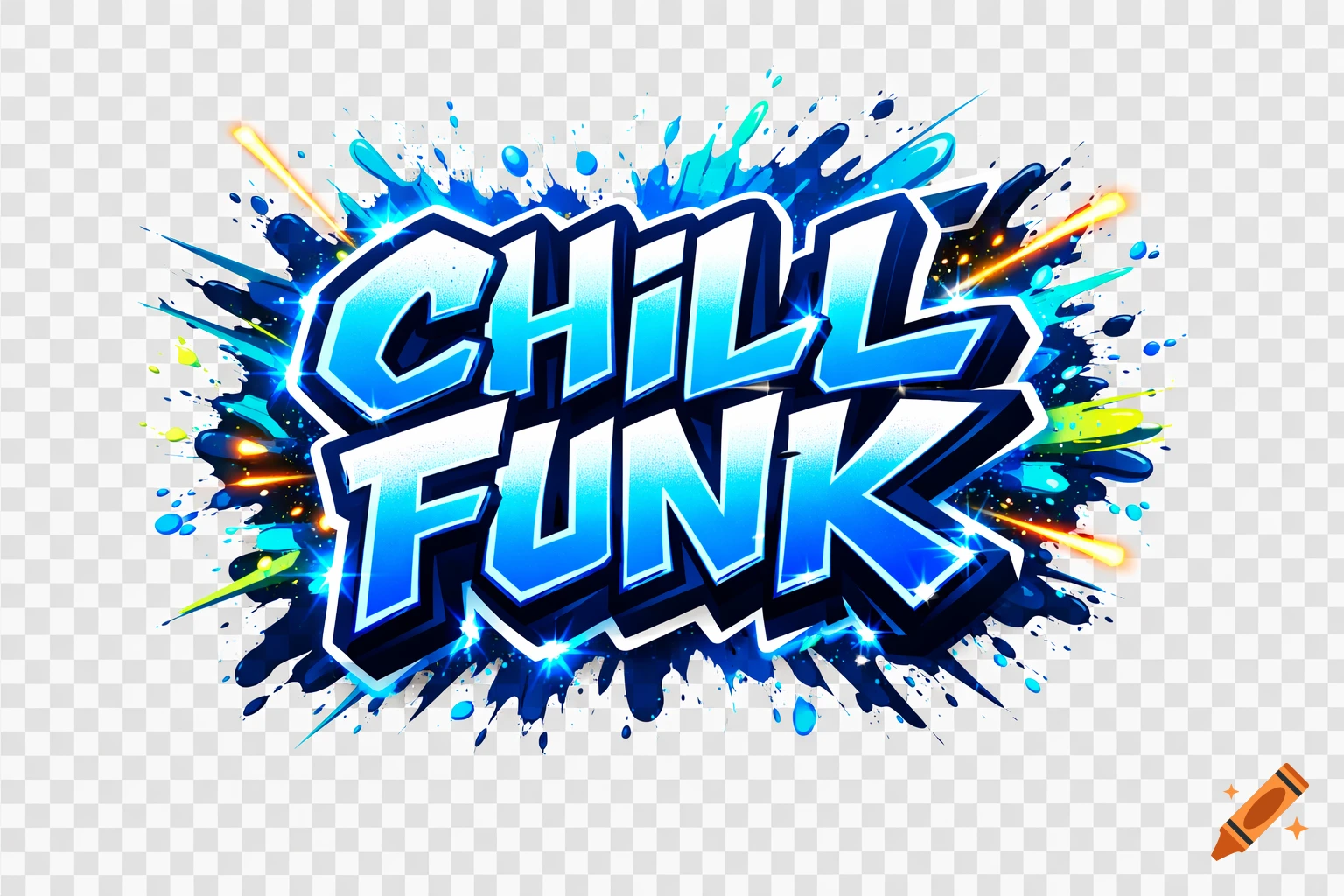 Stylized 'CHILL FUNK' text in aggressive blue graffiti font with outlines, paint splashes, sparks, and glows.