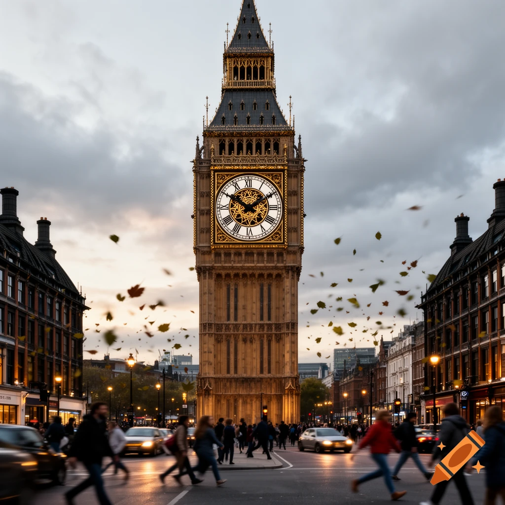 Photorealistic image of Big Ben in London at dusk, with people and cars moving on the street below, and autumn leaves falling.