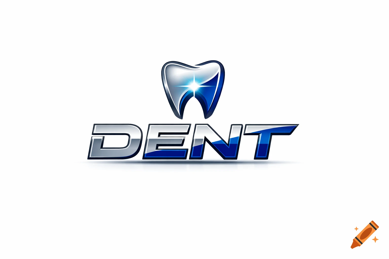 Shiny silver and blue logo featuring a stylized tooth above the word DENT.