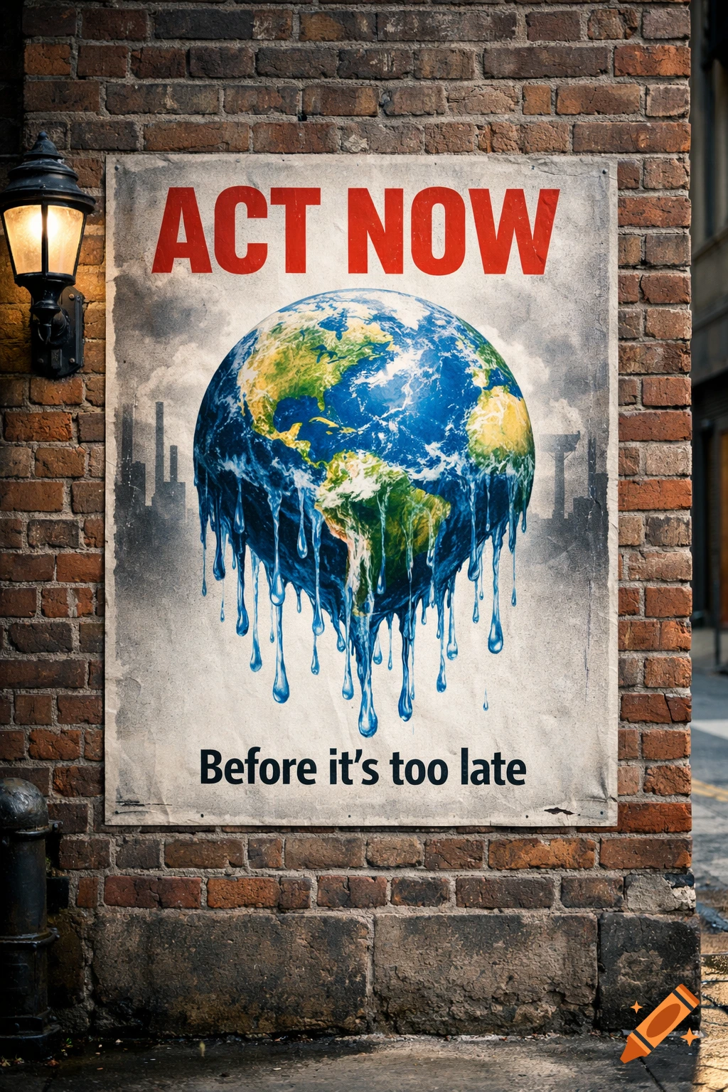 A poster on a brick wall with text "ACT NOW" and "Before it's too late" flanking a melting Earth, symbolizing climate change.