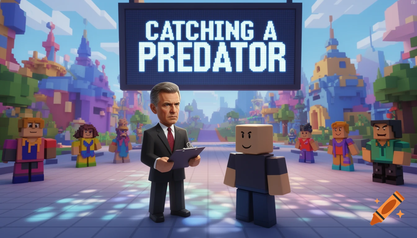 Chris Hansen confronts a Roblox character under a sign that reads 'CATCHING A PREDATOR' in a colorful blocky town.