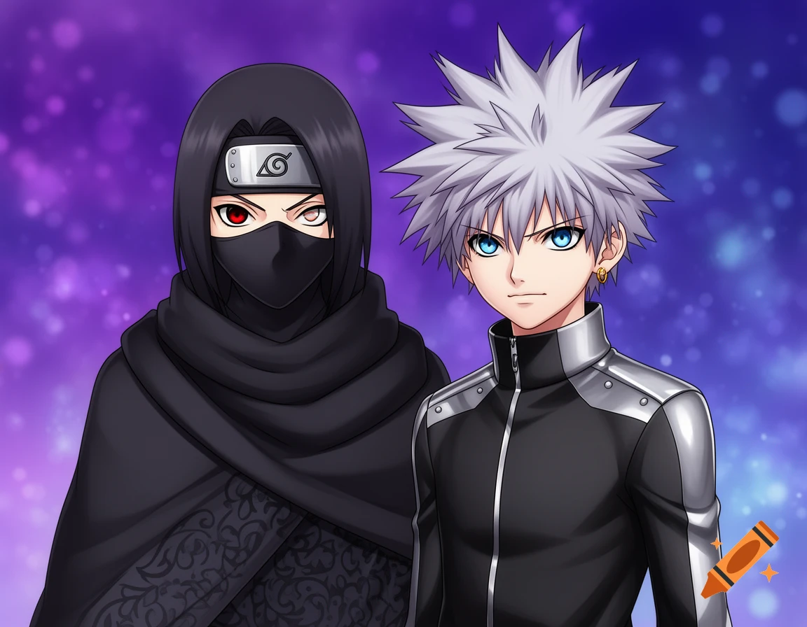 Anime-style duo: a masked ninja in black with red eyes, and a silver-haired young man with blue eyes in a black and silver jacket, against a purple background.