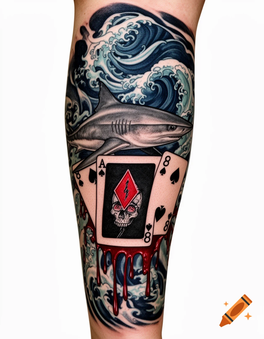 A colorful tattoo on an arm depicts a grey shark swimming amidst blue waves above a hand of playing cards. A central black card with a red diamond skull bleeds red drips onto the waves.