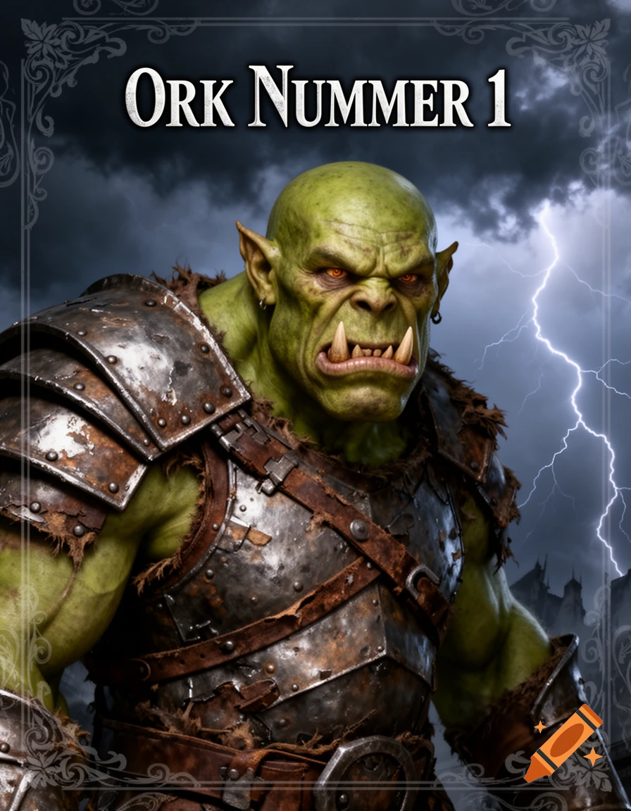 A fierce, green-skinned orc in rusted armor with fangs and red eyes, against a stormy, lightning-filled sky. Text 'Ork Nummer 1' above.