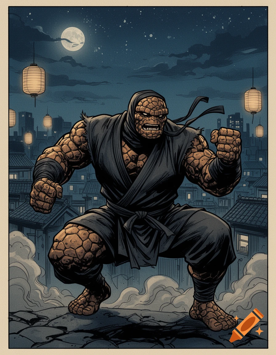 Marvel's The Thing as a ninja in a black gi, crouching on a rooftop at night with a city skyline and full moon in an old comic art style.