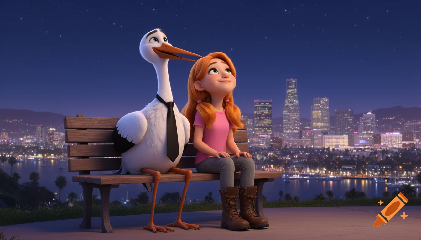 A 3D animated stork in a tie and a girl with orange pigtails sit on a bench, looking at a city skyline at night.