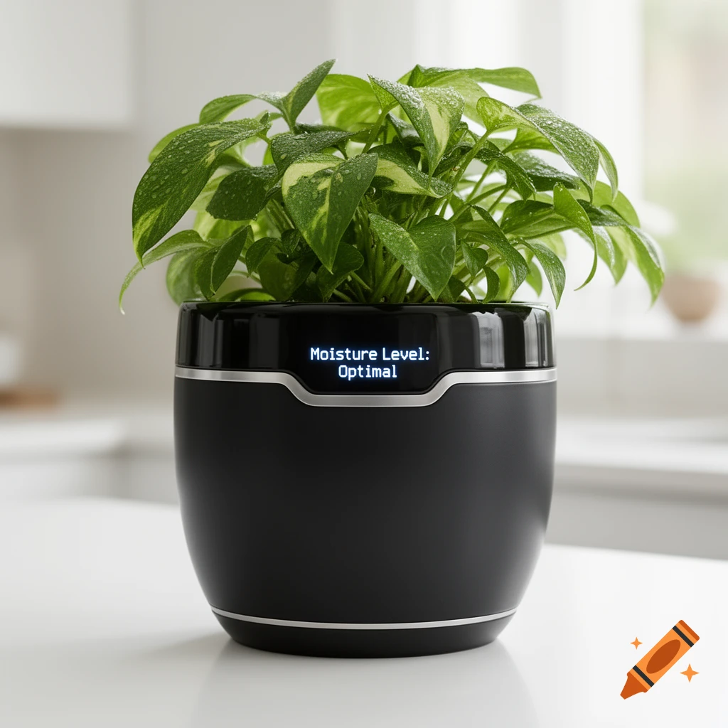 Photorealistic close-up of a black smart pot holding a green leafy plant, displaying 'Moisture Level: Optimal' on its screen.