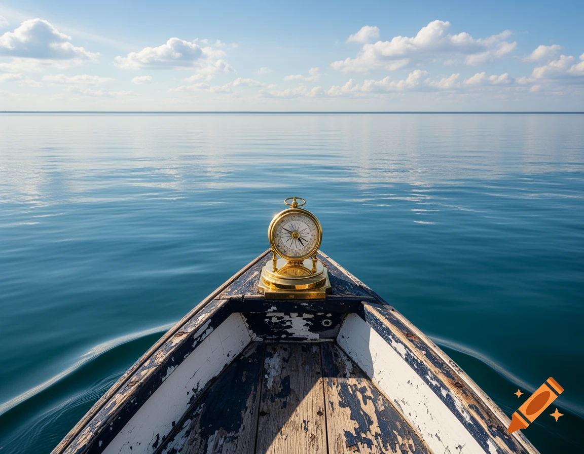 A brass compass sits on the distressed wooden bow of a boat on calm, blue water under a clear sky.