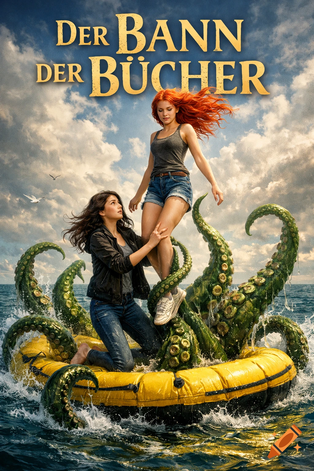 Photorealistic book cover with title 'DER BANN DER BÜCHER'. Two young women on a yellow inflatable boat, one holding the other's leg, surrounded by green tentacles in the sea.