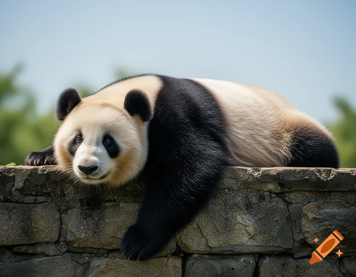 A photorealistic giant panda rests on a stone wall, looking towards the viewer, with one paw dangling over the edge.