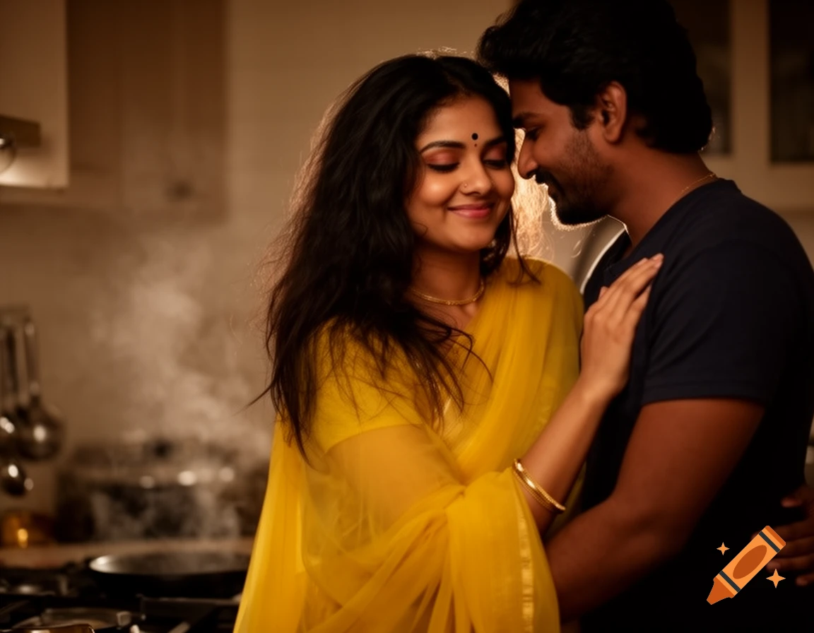 Photorealistic image of a South Indian couple affectionately embracing in a softly lit kitchen.