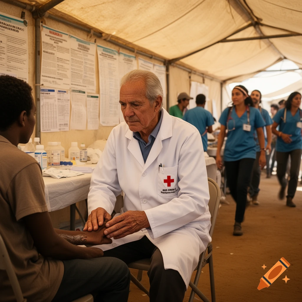 Photorealistic image of an older Red Cross doctor examining a patient's hand in a medical tent, with staff in background.