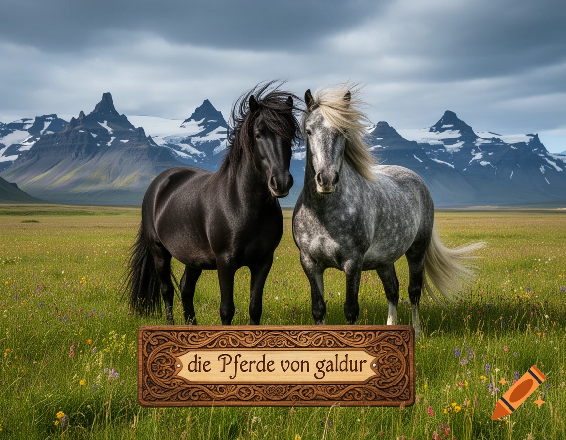 Two horses, one black and one dappled grey, stand in a green field with wildflowers against a backdrop of snowy mountains and a cloudy sky. A wooden sign reads "die Pferde von galdur".