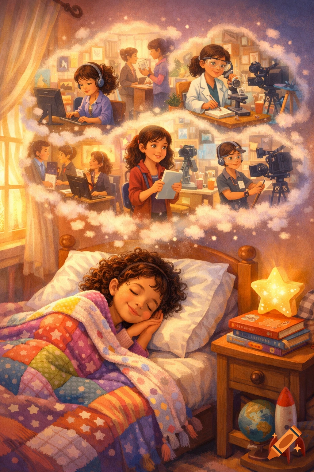 Whimsical illustration of a young girl sleeping in bed, dreaming about future careers as a scientist, journalist, and computer worker.