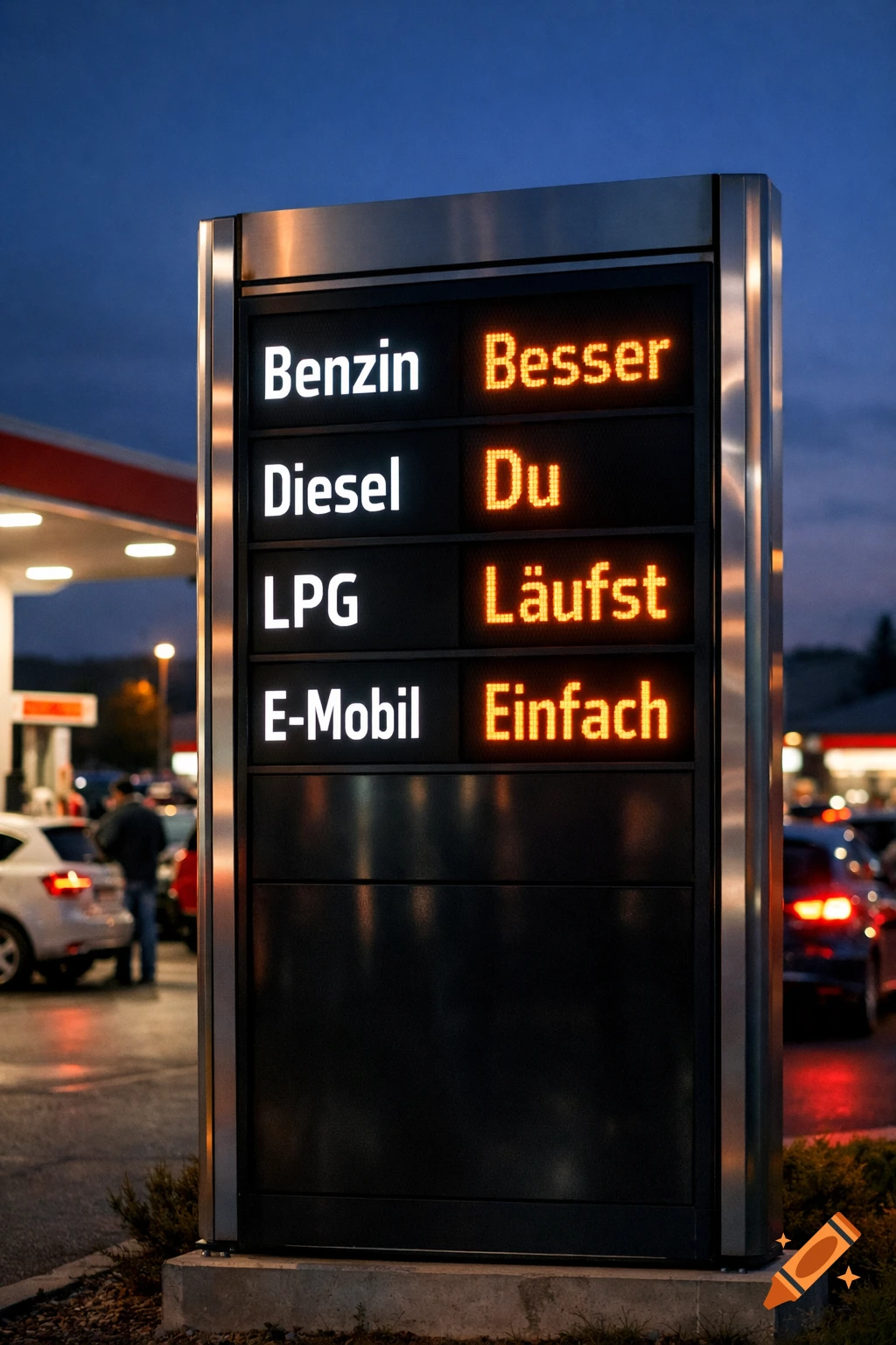 A digital price display at a gas station at dusk, listing fuel types and German words like 'Besser', 'Du', 'Läufst', 'Einfach', with cars and people in the background.