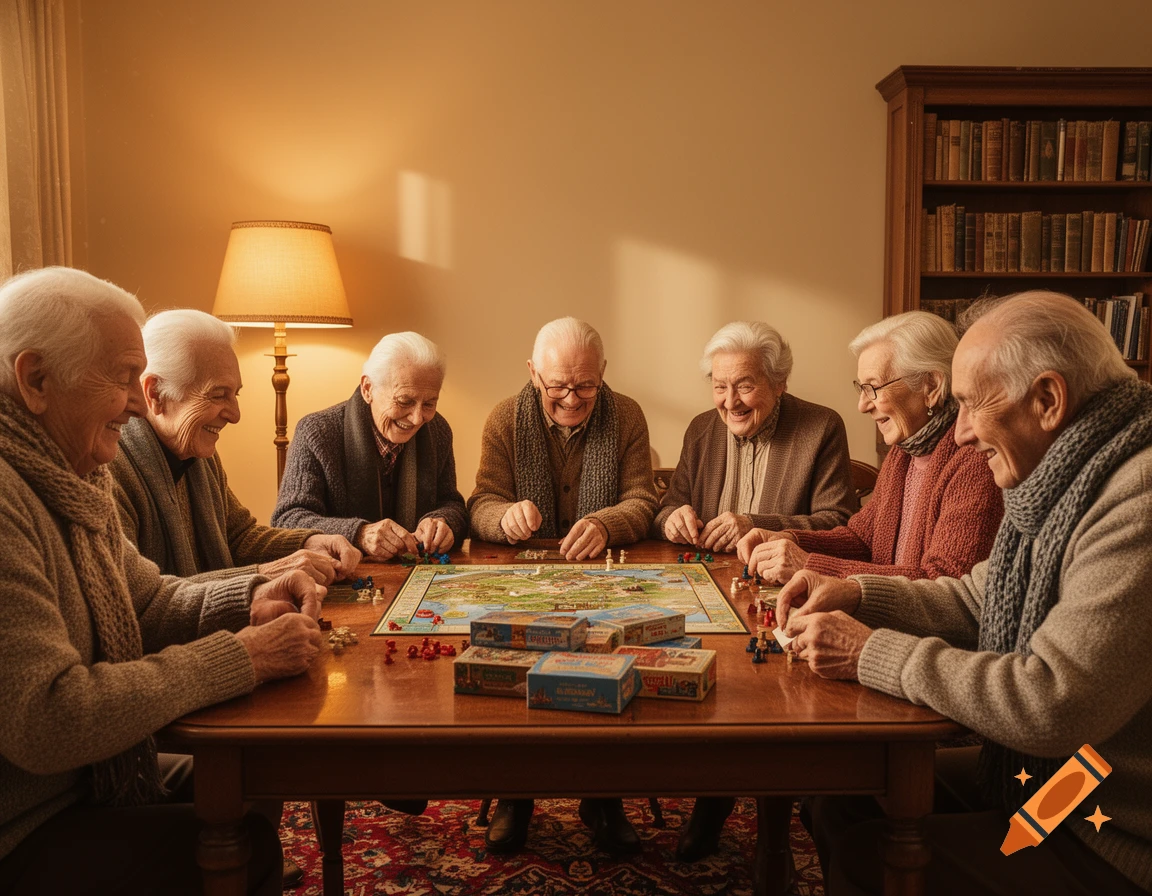 A group of smiling elderly people playing a board game around a wooden table in a warmly lit room.
