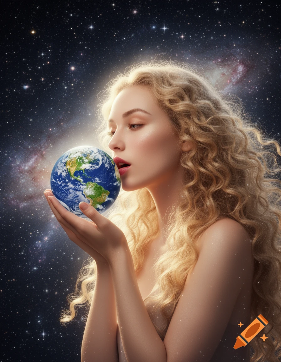 A blonde woman with curly hair gently holds a miniature Earth globe against a cosmic backdrop of stars and galaxies.