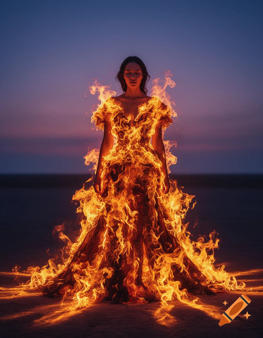 A woman stands in an open landscape at dusk, her dress entirely composed of vibrant, flickering fire.