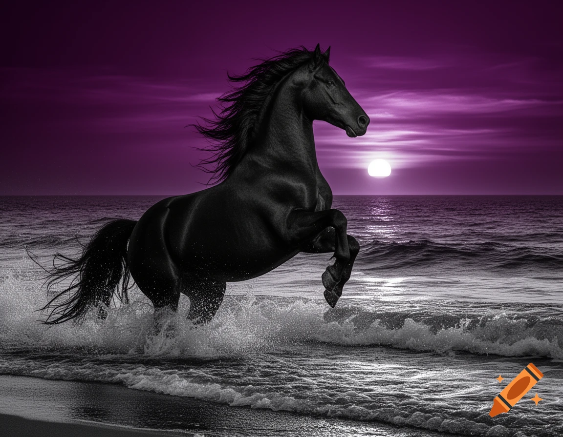 A majestic black horse rears in the ocean waves on a beach, under a vibrant purple sunset sky.