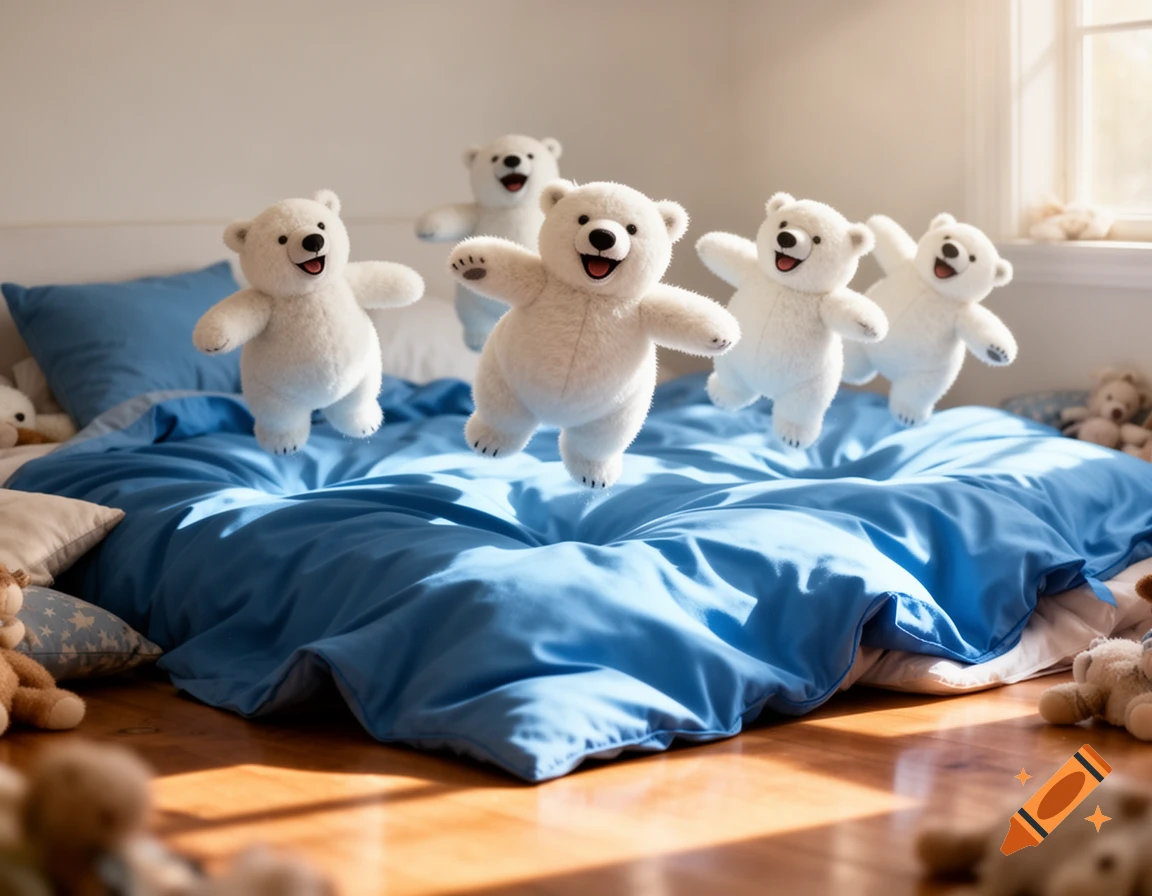 Multiple happy white polar bear teddy bears jump on a blue comforter on a bed in a sunlit room.