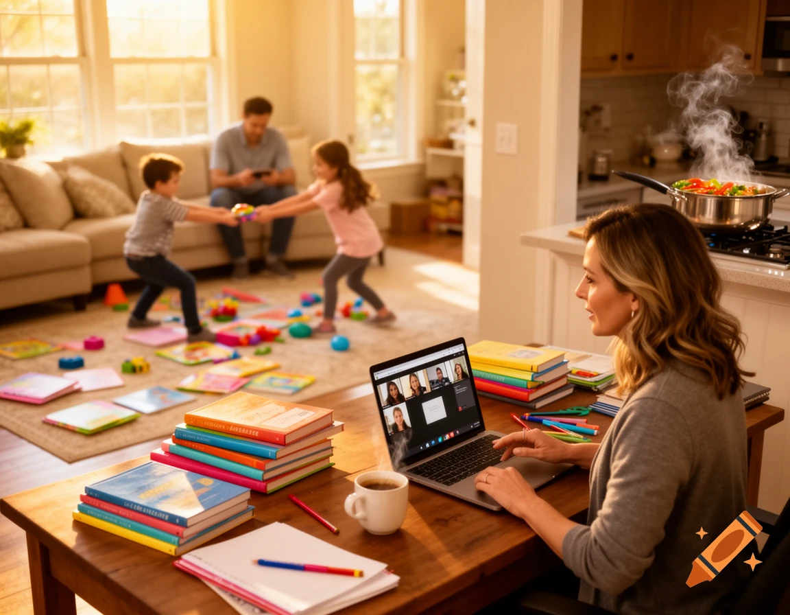 A woman takes an online class on her laptop at a wooden table while two children play and fight on the floor behind her, and a man sits on a couch. Food steams on a stove in the background.