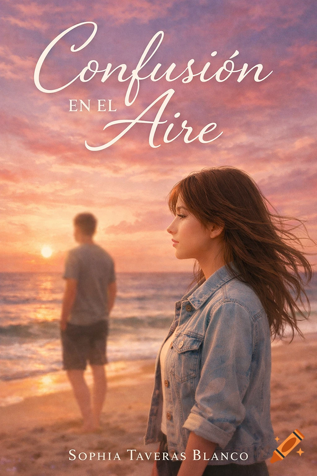 A young woman in a denim jacket looks right on a beach at sunset, with a blurry man in the background. Text reads "Confusión en el Aire" and "Sophia Taveras Blanco".