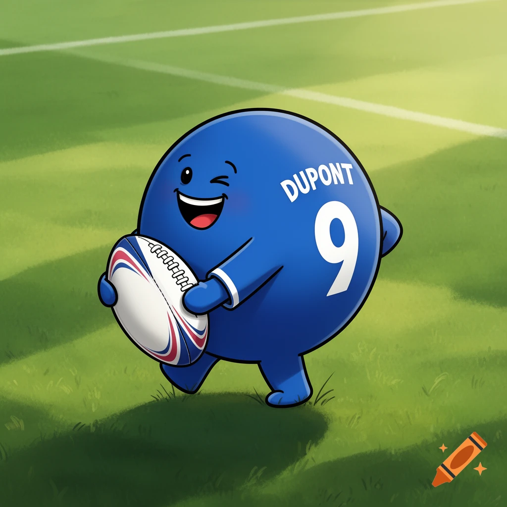 A winking blue cartoon character with a wide smile holds a rugby ball, wearing a jersey with "DUPONT" and "9" on a green field.
