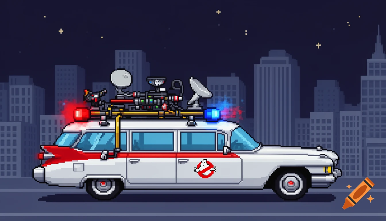 An 8 bit Pixel Art Illustration Of The White Ghostbusters Ecto 1 Car an-8-bit-pixel-art-illustration-of-the-white-ghostbusters-ecto-1-car