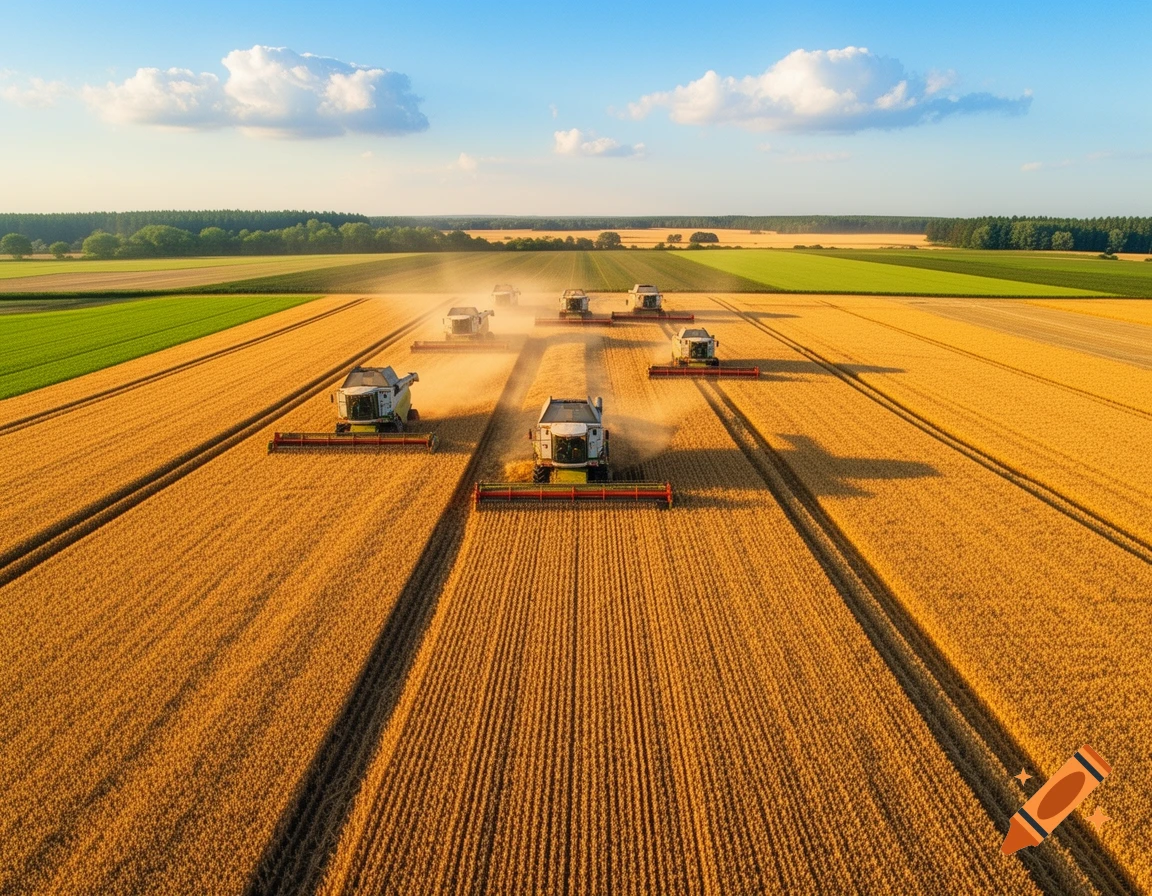 Aerial view of multiple combine harvesters working simultaneously in a vast golden wheat field under a blue sky.