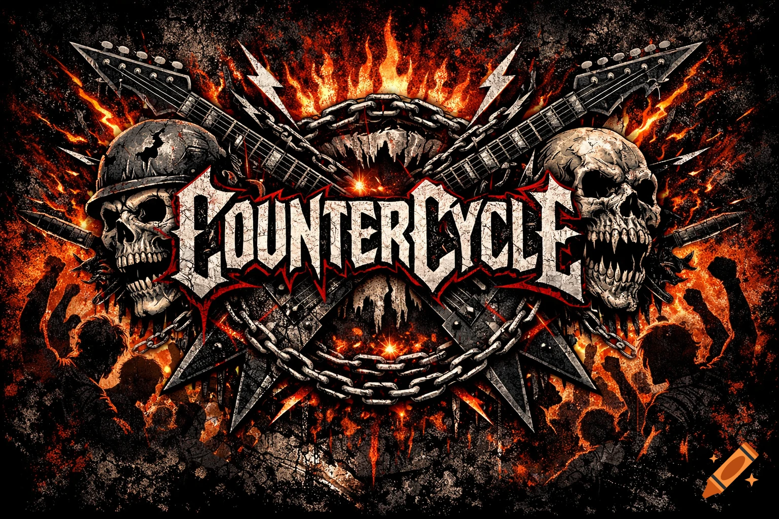 Heavy metal band logo featuring the text 'COUNTERCYCLE' flanked by skulls, crossed guitars, and chains over a fiery, distressed background.