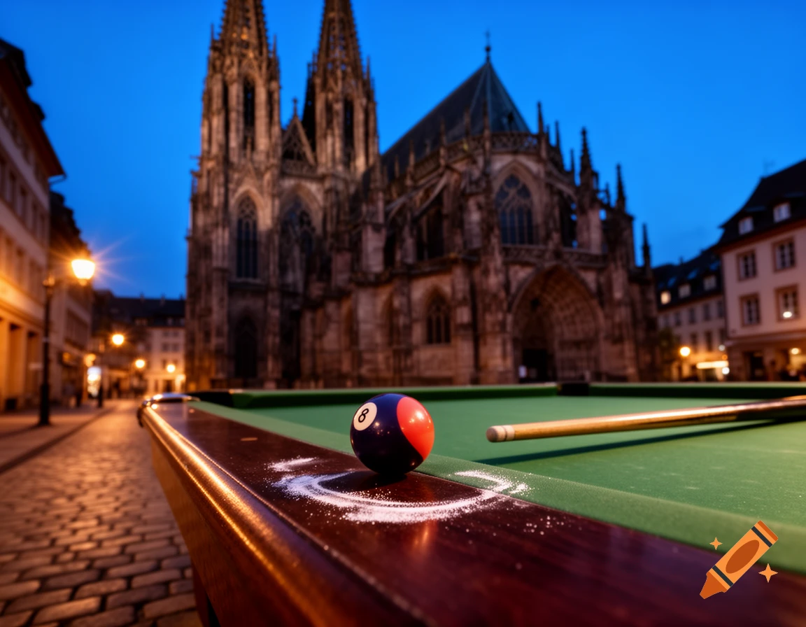A low-angle shot of an 8-ball and cue stick on a green pool table with chalk, set against a blurred Strasbourg Cathedral at dusk.