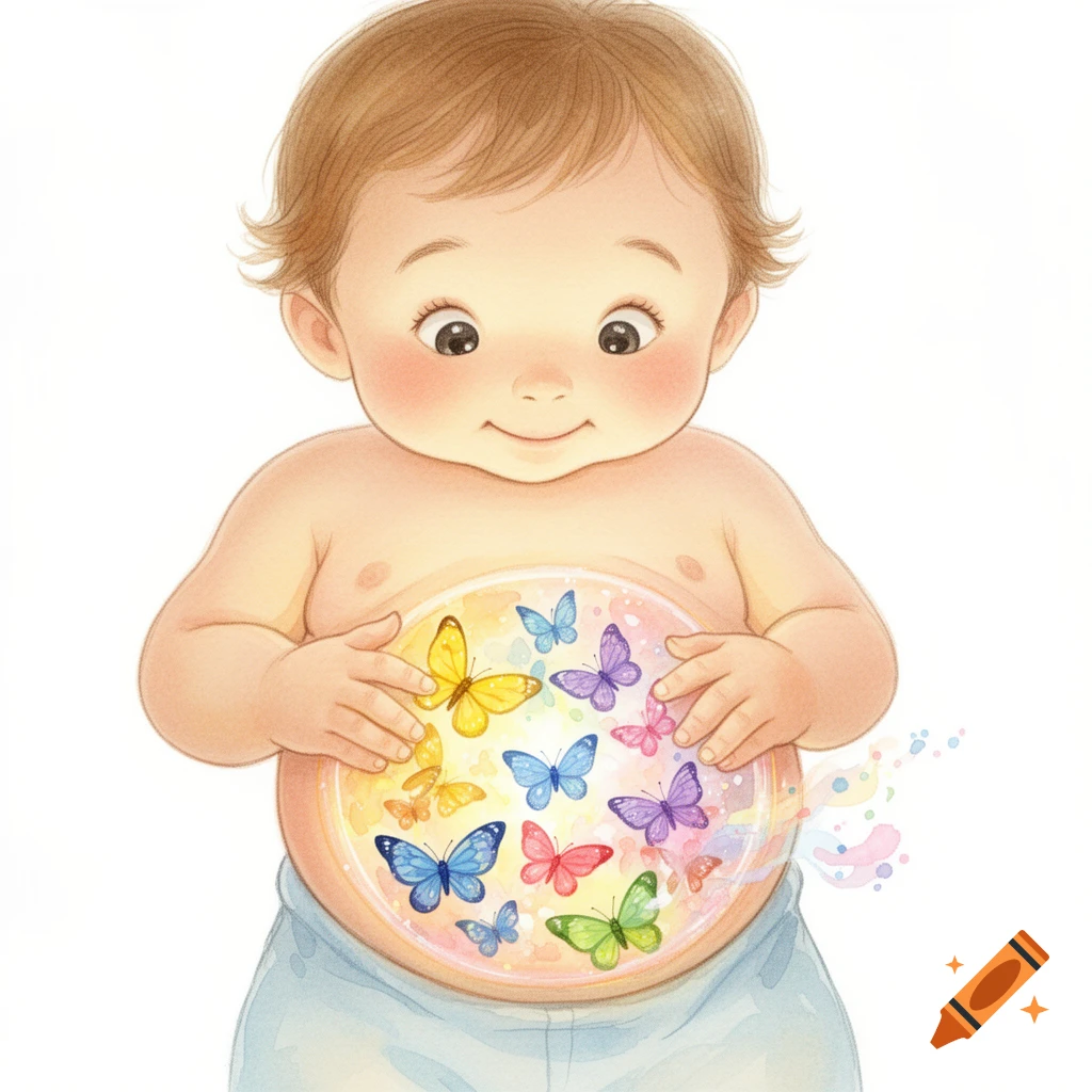 A cute watercolor illustration of a toddler looking at their transparent belly filled with colorful butterflies.