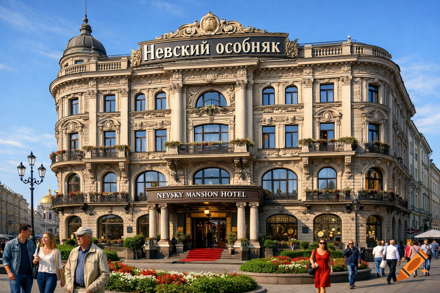 A grand, ornate hotel building named Nevsky Mansion Hotel with a red carpet entrance, surrounded by people and flowers on a sunny day.